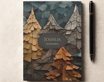 May include: A rectangular faith journal with a cover featuring a mosaic-style forest of pine trees in shades of gold, brown, and gray. A dark gray label in the center displays the text JOSHUA FAITH JOURNAL. A black pen is positioned to the right.