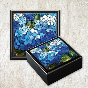 Blue Hydrangea Wooden Jewelry Box, Faux Stained Glass Floral Keepsake or Memory Box, Wood Box with Ceramic Tile Lid, Gift for Flower Lovers