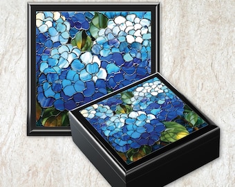 Blue Hydrangea Wooden Jewelry Box, Faux Stained Glass Floral Keepsake or Memory Box, Wood Box with Ceramic Tile Lid, Gift for Flower Lovers