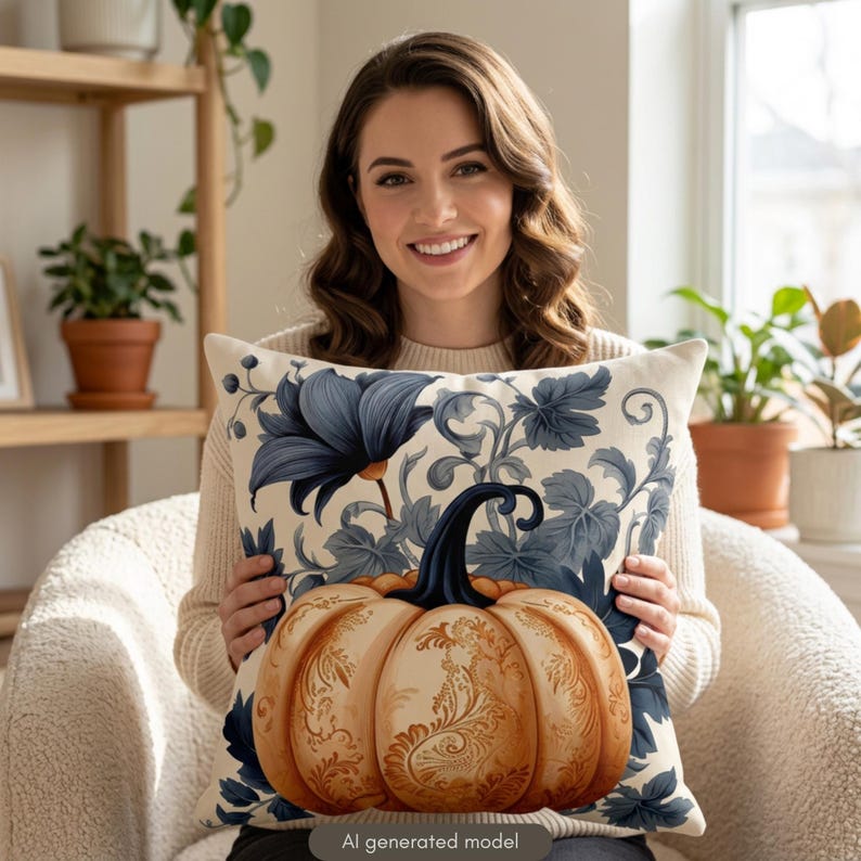 May include: A square throw pillow featuring a central orange pumpkin with intricate gold filigree patterns and a dark blue stem. The background displays a botanical print of dark blue flowers and leaves on a cream-colored fabric surface.