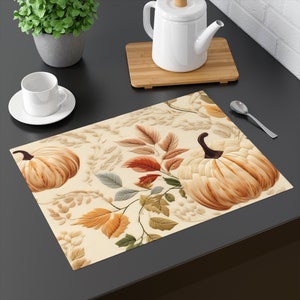 Pumpkins Cloth Placemat 1 pc Embroidery Style Thanksgiving Placemat Autumn Table Setting Harvest Dining Decor Botanical Fall Placemats
