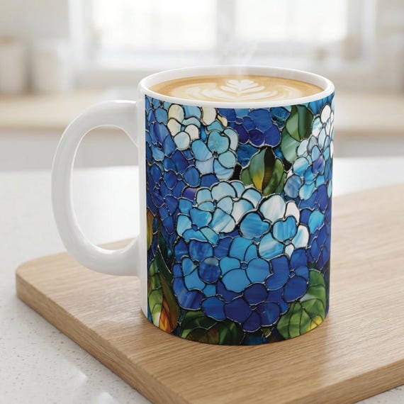 Blue Hydrangea Stained Glass Mug Floral Latte Mug Flower Coffee Cup Birthday Gifts for Teacher Grandma Mom Sister Secret Pal Best Friend