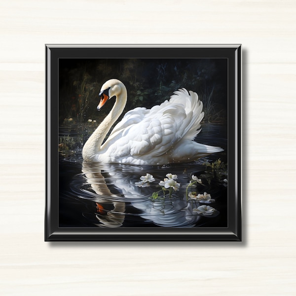 Swan Wooden Jewelry Box, Keepsake Box, Wood Box with Ceramic Tile Lid, Gift for Swan Lovers