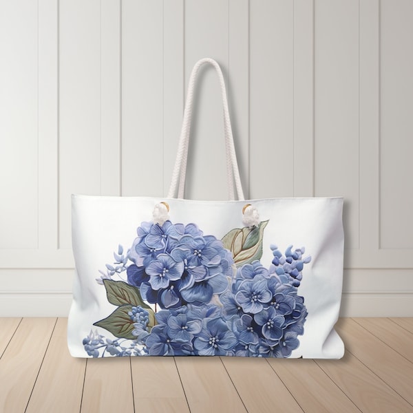 Blue Hydrangea Weekender Bag Oversized Tote with Rope Handles Spring Floral Weekend Travel Summer Shopping Beach Bags Gift for Flower Lovers