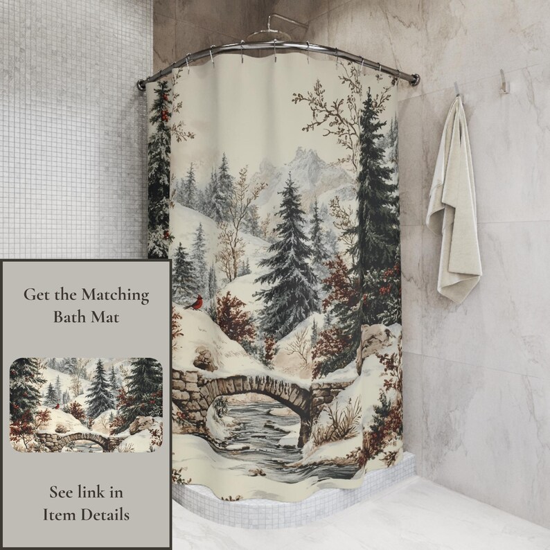 Christmas Shower Curtain Winter Mountain Scene Snowy Evergreens