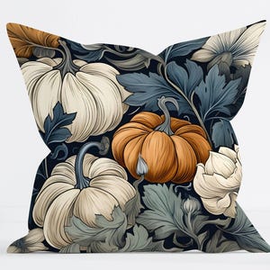 Pumpkin Throw Pillow Cover William Morris Inspired Autumn Soft Cozy Faux Suede Pillow Blue Fall Harvest Thanksgiving Decor New Home Gift