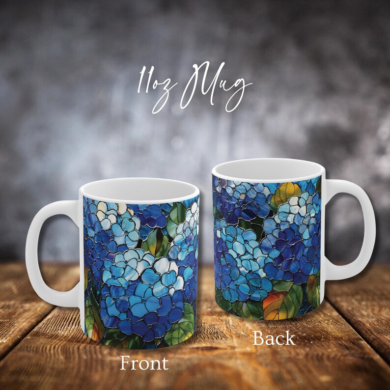 Blue Hydrangea Stained Glass Mug Floral Latte Mug Flower Coffee Cup Birthday Gifts for Teacher Grandma Mom Sister Secret Pal Best Friend 11oz Mug