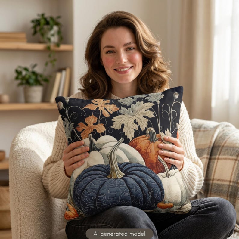 May include: A square throw pillow featuring a dark navy blue background with a detailed botanical print of orange, white, and blue pumpkins surrounded by intricate autumn leaves and swirling vine patterns in shades of cream and light brown.