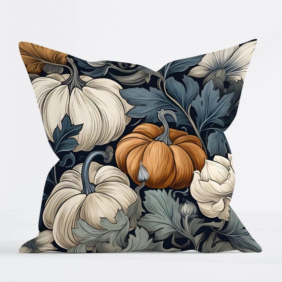 Pumpkin Throw Pillow Cover William Morris Inspired Autumn Soft Cozy Faux Suede Pillow Blue Fall Harvest Thanksgiving Decor New Home Gift