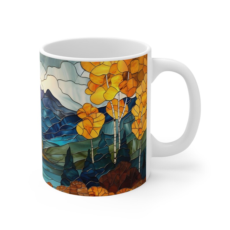 Aspen Trees Mountain Mug Stained Glass Aesthetic Fall Ceramic Coffee Mug Autumn Tea Cup Rocky Mountains Lake Hiker Camper Nature Lover Gift image 9