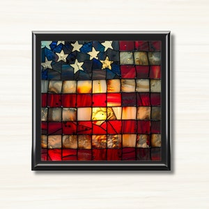 American Flag Keepsake Box Wooden Faux Stained Glass Memory Box Patriotic Jewelry Box with Ceramic Lid, Gift for Veteran or Military Family