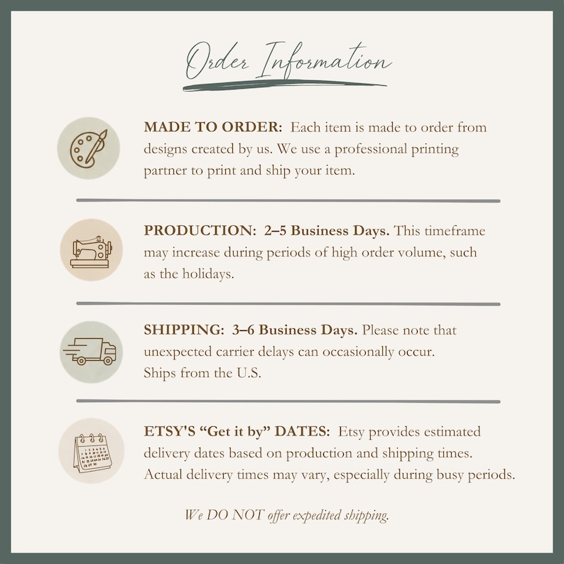 May include: An informational graphic titled Order Information with a dark green border. It features four circular icons representing a paint palette, sewing machine, delivery truck, and calendar, each accompanied by text detailing production and shipping.