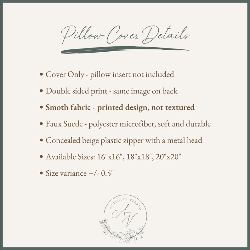 May include: A beige informational graphic titled Pillow Cover Details. It lists features: cover only, double-sided print, smooth faux suede polyester microfiber fabric, and a concealed beige plastic zipper. Sizes include 16x16, 18x18, and 20x20 inches.