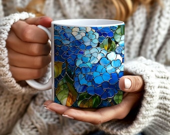 Blue Hydrangea Stained Glass Mug Floral Latte Mug Flower Coffee Cup Birthday Gifts for Teacher Grandma Mom Sister Secret Pal Best Friend