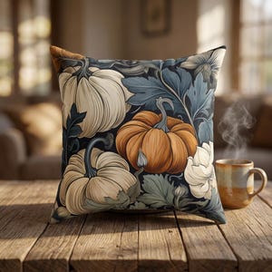 May include: A square throw pillow featuring a dark background with a repeating pattern of cream and orange pumpkins interspersed with muted blue and green foliage. The design includes detailed line work on the pumpkins and leaves.