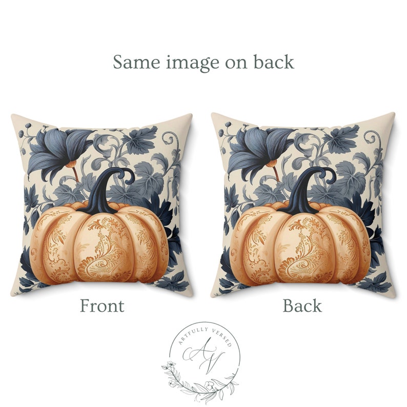 May include: A square throw pillow featuring a pumpkin with intricate orange and gold filigree patterns, set against a background of dark blue floral vines and leaves. The design is identical on both the front and back sides of the pillow.