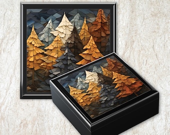 Wooden Keepsake Box Mountain Forest Adventure Memory Box Wood Jewelry Box with Ceramic Tile Lid, Gift for Outdoors Lover