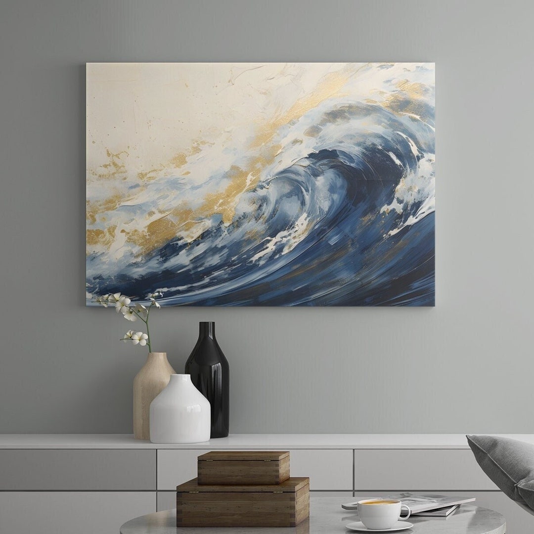 Navy Abstract Wall Art for Living Room Blue and Gold Waves Painting