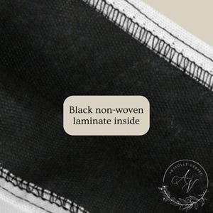 May include: Close-up of black non-woven laminate material with white stitching along the edges. The text "Black non-woven laminate inside" is displayed on a beige rectangular label. The image has a neutral, clean aesthetic.