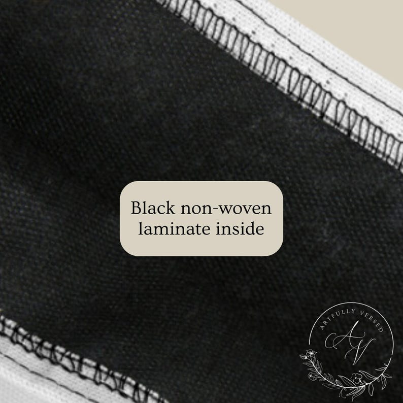 May include: Close-up of black non-woven laminate material with white stitching along the edges. The text "Black non-woven laminate inside" is displayed on a beige rectangular label. The image has a neutral, clean aesthetic.