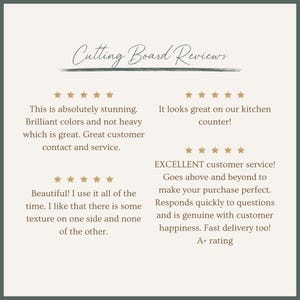 May include: A graphic display titled Cutting Board Reviews featuring four five-star ratings in gold. The text includes customer testimonials praising the product's colors, weight, texture, and the seller's excellent communication and service.
