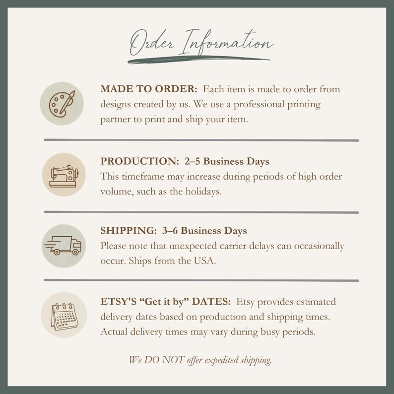 May include: An informational graphic titled Order Information with four circular icons representing a paint palette, sewing machine, delivery truck, and calendar. The text details production, shipping, and delivery estimates in a list format.