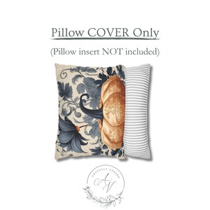 May include: A square pillow cover featuring a cream background with dark blue floral patterns and a large orange pumpkin. The side panel has a grey and white horizontal stripe pattern. Text above reads Pillow COVER Only (Pillow insert NOT included).