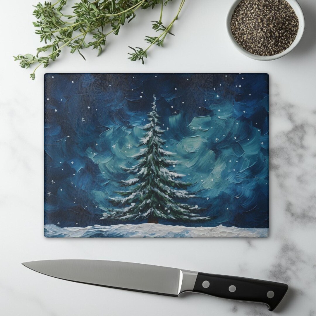 Blue Christmas Tree Glass Cutting Board Modern Holiday Kitchen Decor ...