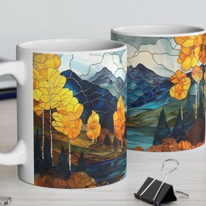 Aspen Trees Mountain Mug Stained Glass Aesthetic Fall Ceramic Coffee Mug Autumn Tea Cup Rocky Mountains Lake Hiker Camper Nature Lover Gift image 2