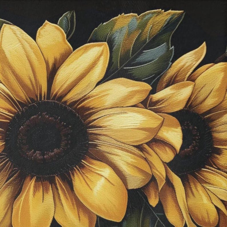 May include: Two large sunflowers with vibrant yellow petals and dark brown centers are depicted in a detailed embroidery style. The flowers are accompanied by deep green leaves, all set against a solid black background, creating a high contrast.