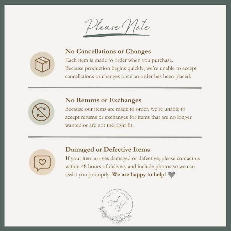 May include: An informational graphic titled Please Note with three sections. It outlines policies for no cancellations or changes, no returns or exchanges, and instructions for damaged or defective items, featuring icons of a box, arrows, and a heart.