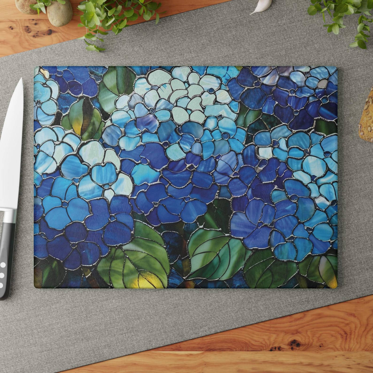 Blue Hydrangea Cutting Board, Glass Charcuterie Board Gift, Floral Kitchen Decor, Flower Lover Gift, Useful Gifts for Her