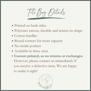 May include: A cream-coloured graphic with the text "Tote Bag Details" and bullet points describing the bag's features: printed on both sides, polyester canvas, cotton handles, boxed corners, no inside pockets, and available in three sizes.