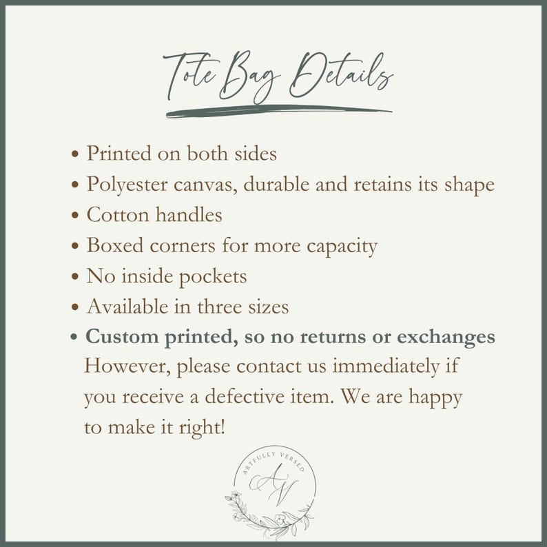 May include: A cream-coloured graphic with the text "Tote Bag Details" and bullet points describing the bag's features: printed on both sides, polyester canvas, cotton handles, boxed corners, no inside pockets, and available in three sizes.