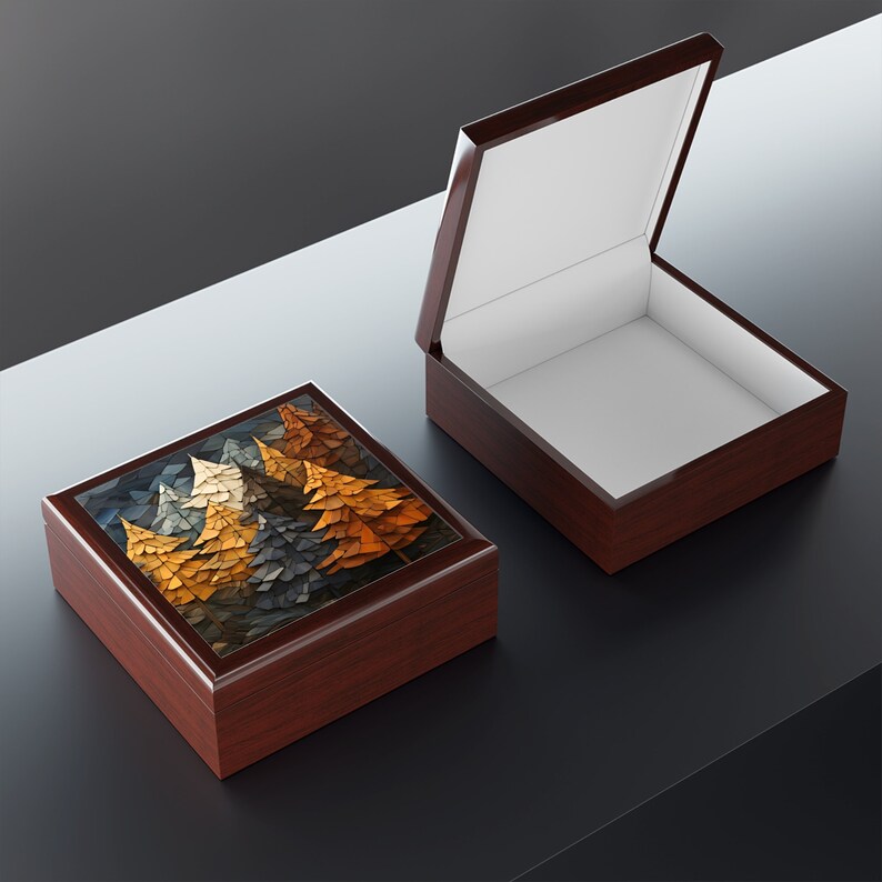 Wooden Keepsake Box Mountain Forest Adventure Memory Box Wood Jewelry Box with Ceramic Tile Lid, Gift for Outdoors Lover Red Mahogany