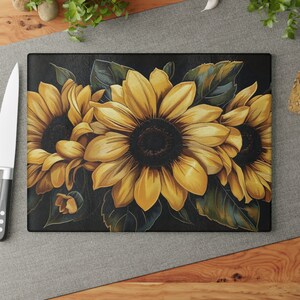 Sunflowers on Black Cutting Board Floral Aesthetic Glass Charcuterie Board Summer Kitchen Decor Sunflower Decoration Useful Gifts for Her 11" x 15"