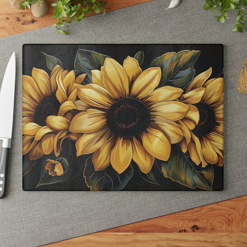 Sunflowers on Black Cutting Board Floral Aesthetic Glass Charcuterie Board Summer Kitchen Decor Sunflower Decoration Useful Gifts for Her 11" x 15"