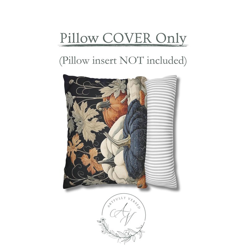 May include: A square pillow cover featuring a black background with orange, white, and blue pumpkins and autumn leaves. The side panel has a white and gray horizontal stripe pattern. Text reads: Pillow COVER Only (Pillow insert NOT included).
