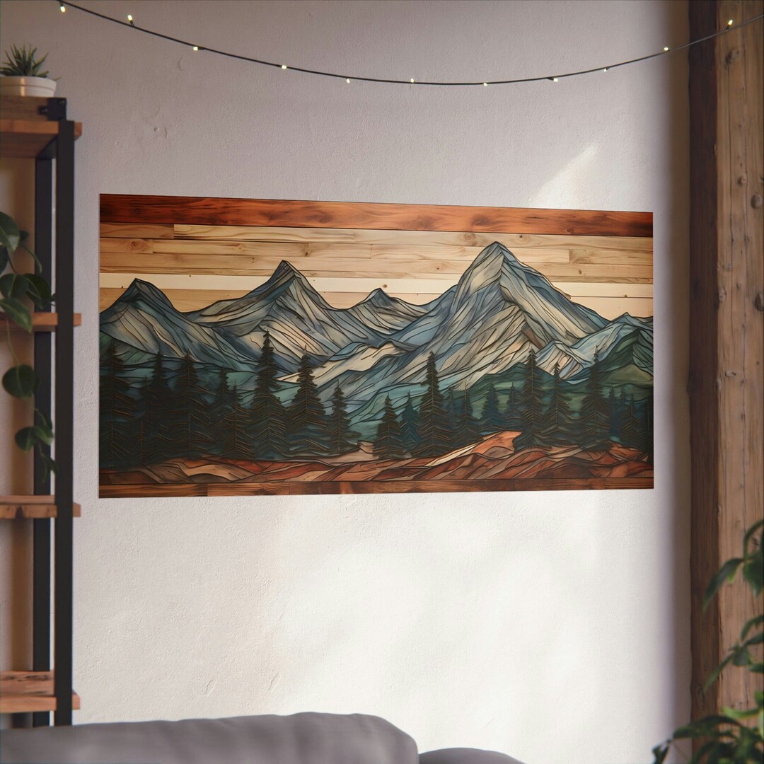 Wooden Mountains Wall Art Poster Abstract Wall Art 3D Style Blue