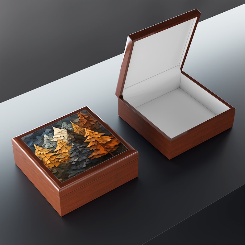 Wooden Keepsake Box Mountain Forest Adventure Memory Box Wood Jewelry Box with Ceramic Tile Lid, Gift for Outdoors Lover Golden Oak