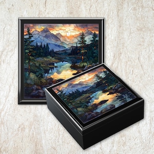 Mountain Sunset Keepsake Box Wooden Jewelry Storage Adventure Memory Gift for Mountain Lovers
