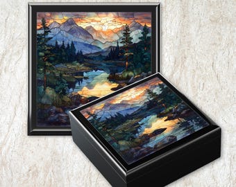 Mountain Sunset Keepsake Box Wooden Jewelry Storage Adventure Memory Gift for Mountain Lovers