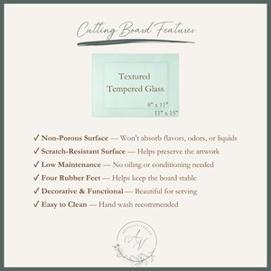 May include: A rectangular cutting board made of textured tempered glass, available in 8 by 11 inches and 11 by 15 inches. Features include a non-porous, scratch-resistant surface, four rubber feet for stability, low maintenance, and easy cleaning.
