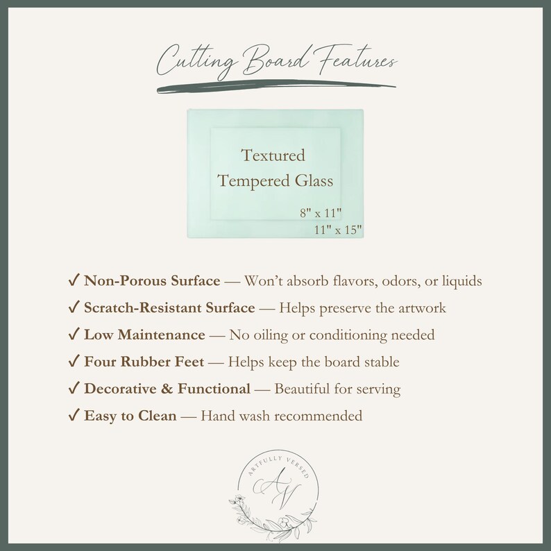May include: A rectangular cutting board made of textured tempered glass, available in 8 by 11 inches and 11 by 15 inches. Features include a non-porous, scratch-resistant surface, four rubber feet for stability, low maintenance, and easy cleaning.
