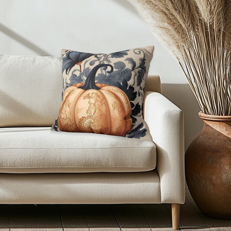 May include: A square throw pillow featuring a central orange pumpkin with intricate gold filigree patterns. The pumpkin has a dark stem and is set against a background of dark blue botanical leaves and vines on a light cream-colored fabric base.