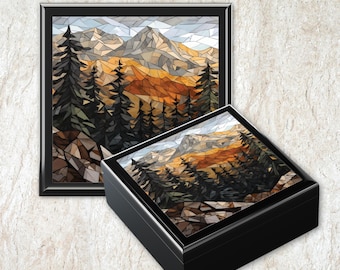 Rocky Mountains Keepsake Box Adventure Memory Box Wooden Jewelry Box with Ceramic Tile Lid, Gift for Mountain Lovers