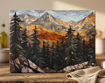 May include: A rectangular wall art piece featuring a mosaic-style landscape of a mountain range and a dense forest. The scene uses geometric shapes in shades of orange, brown, gray, and dark green to depict peaks, valleys, and tall evergreen trees.