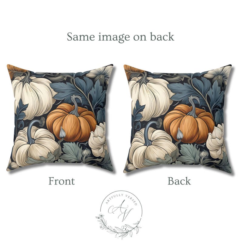 May include: Two square throw pillows featuring an identical pattern of orange and cream-colored pumpkins nestled among dark blue and grey foliage on a black background. The text "Same image on back" appears above, with "Front" and "Back" labels below.