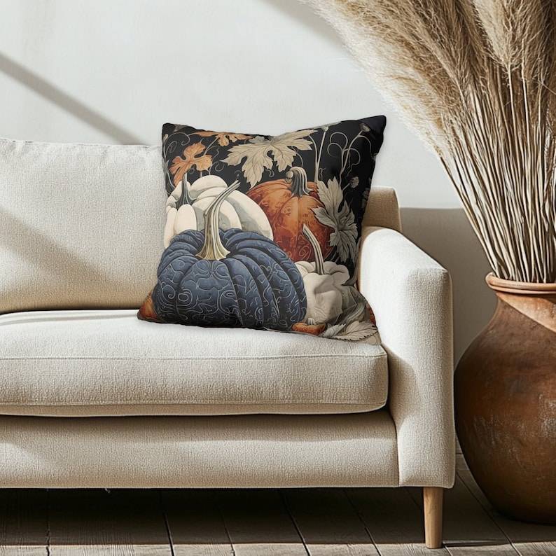 May include: A square throw pillow featuring a dark black background with a detailed botanical print of pumpkins in shades of deep blue, orange, and cream, accented by intricate swirling patterns and various autumn leaves and vine illustrations.
