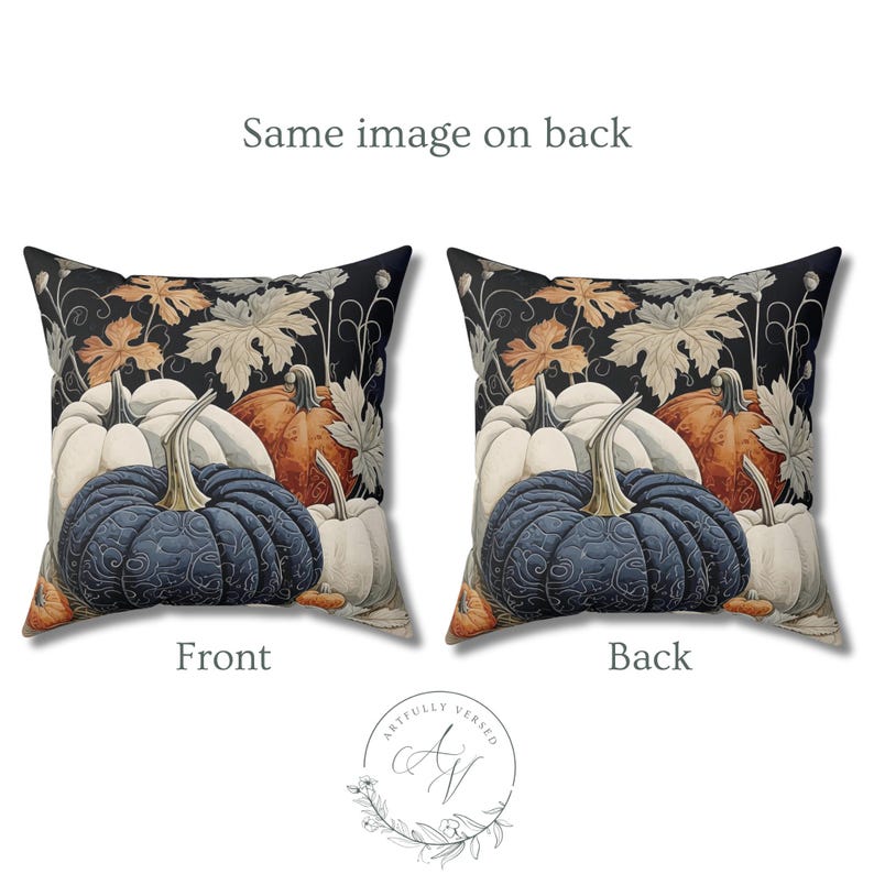 May include: Two square throw pillows featuring an identical print of pumpkins in shades of dark blue, white, and orange against a black background with light-colored leaves. The text "Same image on back" appears above, with "Front" and "Back" labels below.